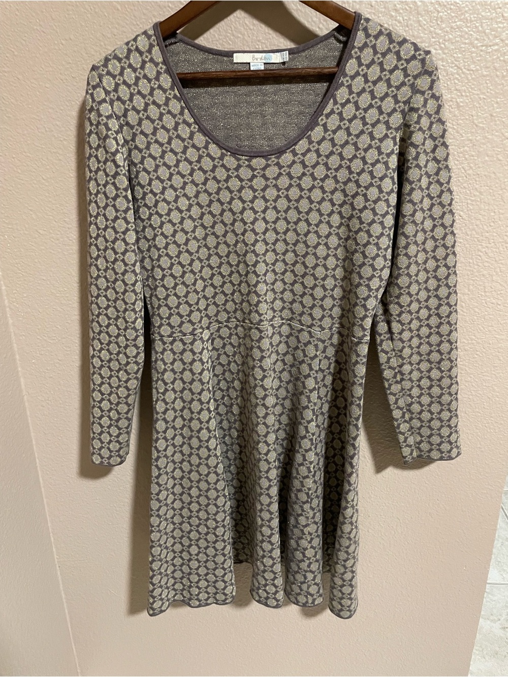 Boden Taupe and Light Gray Long Sleeve Fit-and-Flare Knit Dress